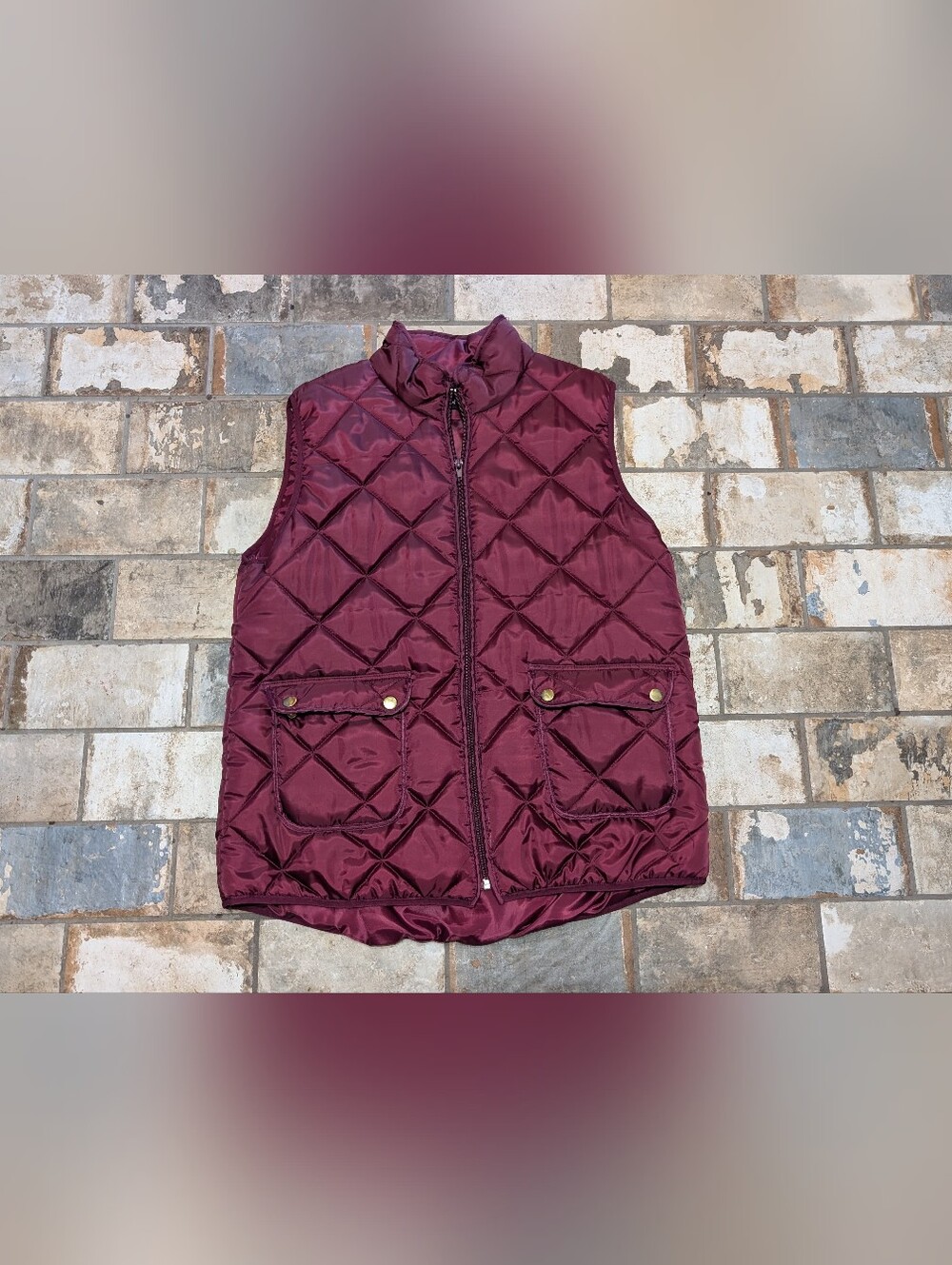 Baku Maroon Burgundy Diamond Quilted Zip-Front Outerwear Vest - Women's Large